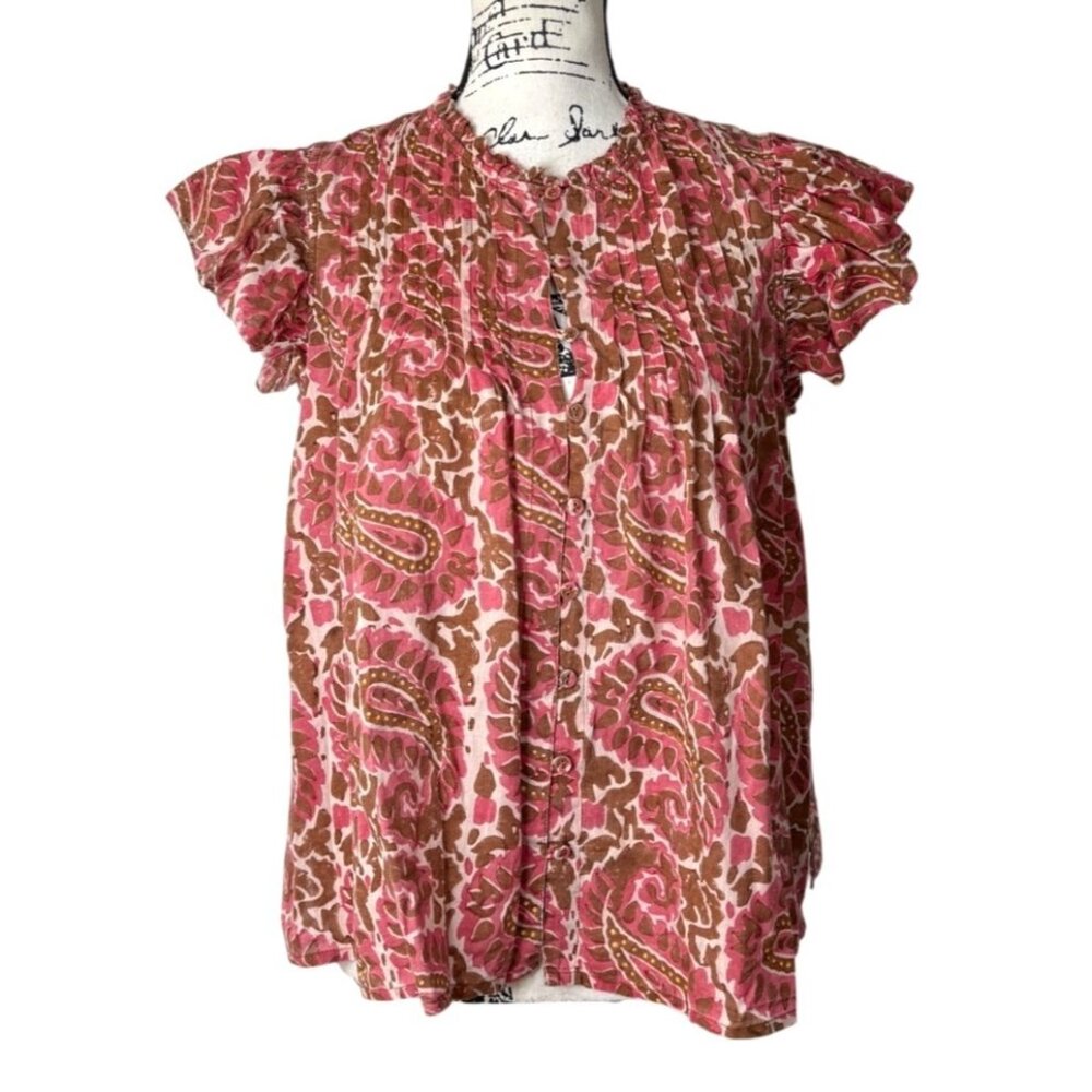 Cleobella Calla Ruffle Paisley Blouse Top Organic Cotton Pink Brown Women Size S - Picture 2 of 9